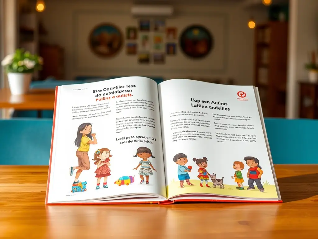 A photograph of a culturally relevant educational guide in Spanish, designed to help Latino families understand autism and access support services. The guide features clear, concise language and culturally sensitive illustrations.