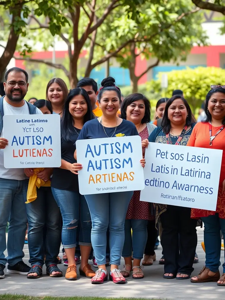 A photograph depicting a group of Latino parents advocating for autism awareness at a local community event, holding signs in Spanish and English.