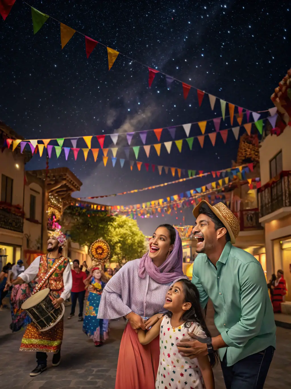 A digital illustration of a family participating in a traditional Latino cultural celebration, adapted to be inclusive for a child with autism.