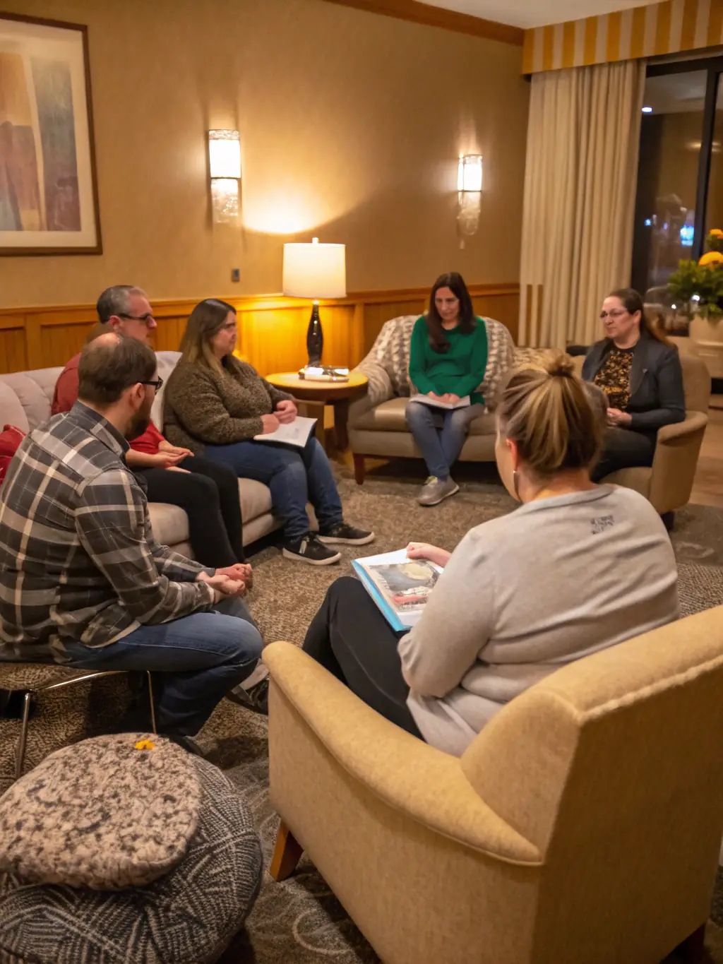 A photograph of a support group meeting for Latino families with autistic children, showing parents connecting and sharing experiences.
