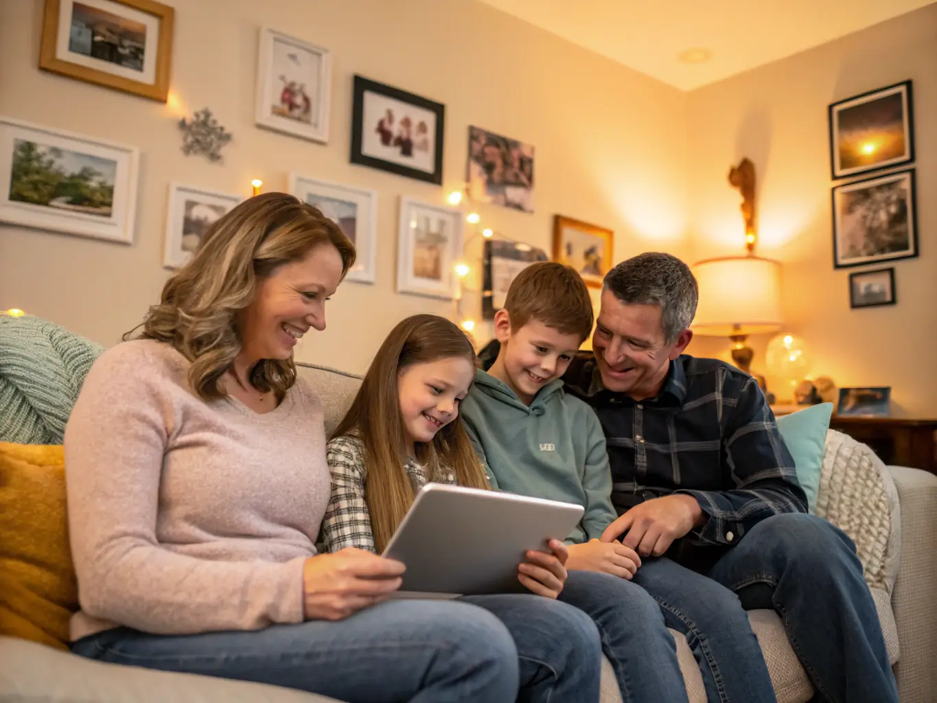 A warm and inviting image depicting a Latino family using a tablet together, exploring educational apps and resources for children with autism. The setting is a cozy living room, emphasizing the importance of family support and digital literacy.