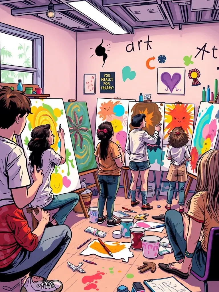 A vibrant image of children participating in an art therapy session, part of the 'Creciendo Juntos' program, showcasing their creative expressions and interactions with therapists in a supportive setting.