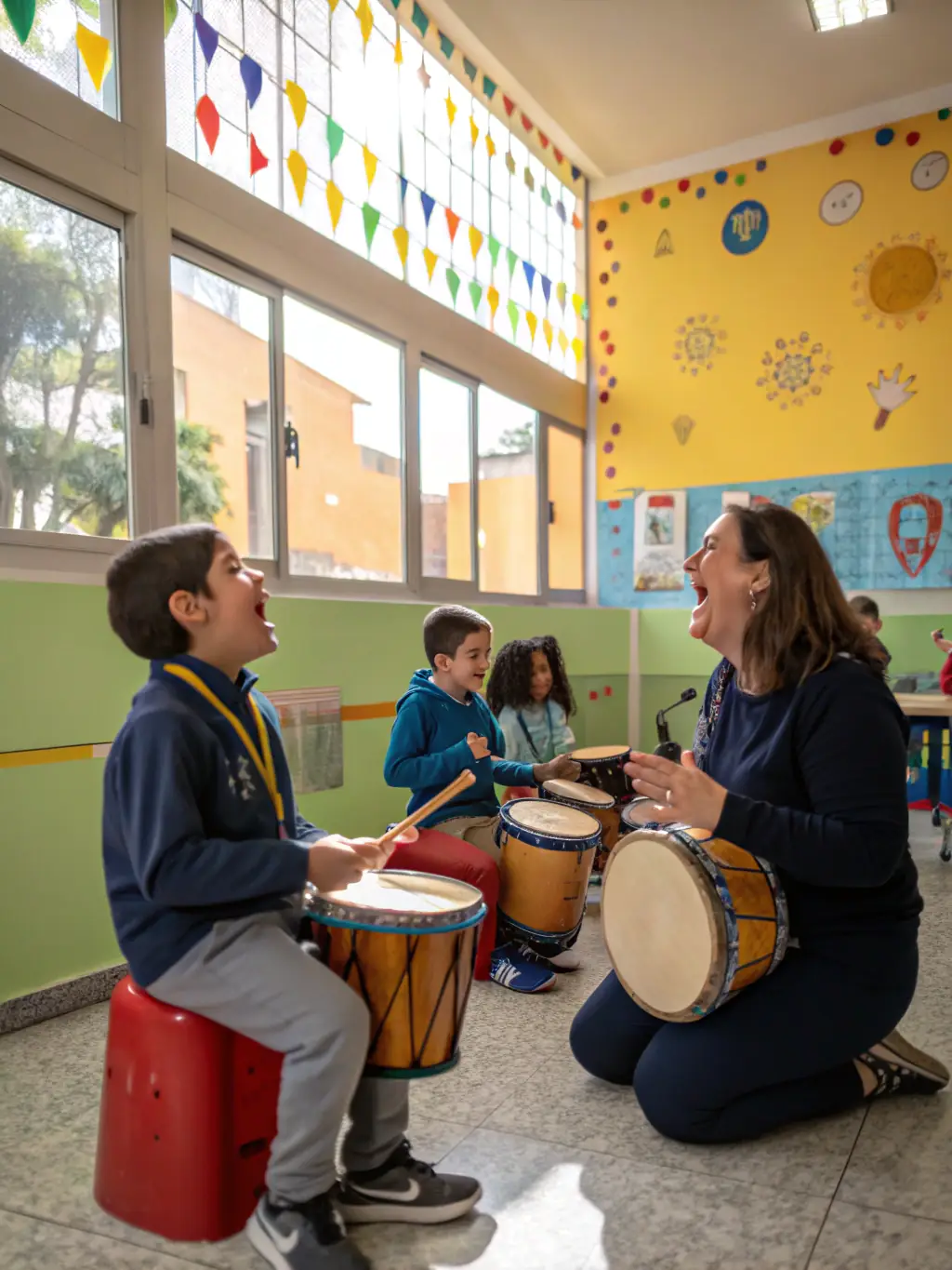 A heartwarming image of a group of Latino children with autism participating in a 'Creciendo Juntos' music therapy session, with a therapist guiding them with a guitar, set in a brightly lit, welcoming community center.