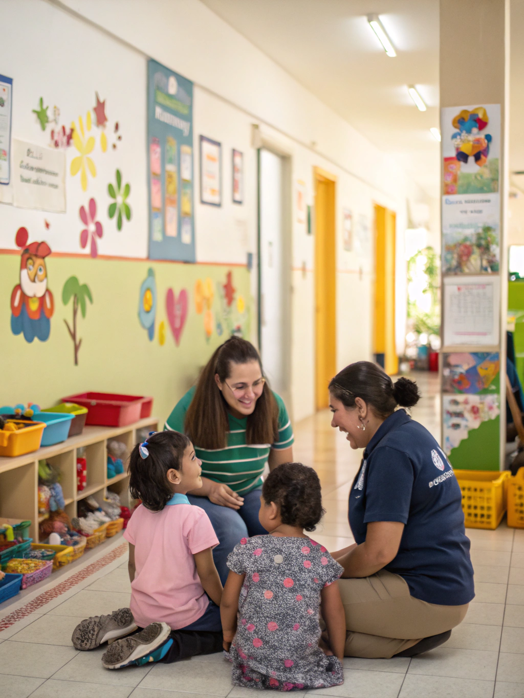 Familia sonriente recibiendo apoyo en un centro comunitario