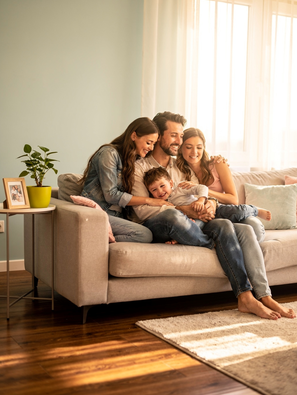 Familia recibiendo apoyo comunitario en un entorno cálido y acogedor